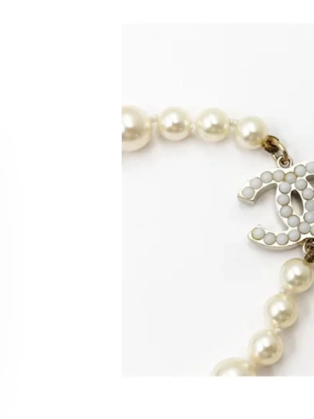 CHANEL Ivory Faux Pearl Long Necklace with CC Logo Charms